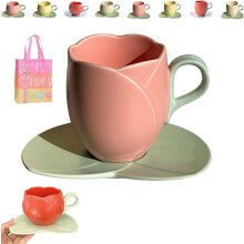 Ceramic Tulip Coffee Mug with Saucer – Heat-Resistant Tea Cup with Comfortable Handle for Home & Office (Red)Z