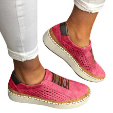 Tênis feminino casual da moda, com bico redondo vazado, modelo slip-on, sola grossa, vermelho, tamanho EUA 8,5.
