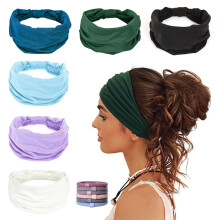 Set van 6 antislip brede haarbanden voor dames, zachte elastische haarbanden voor yoga/hardlopen, katoenen geknoopte tulbanden + 6 haarelastiekjes