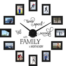 3D Large Family Collage Photo DIY Wall Clock, 5" Paper Frame, Modern Decor Kit with Quotes for Home/Office (Black)