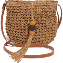 Handgewebte Strohtasche für Damen, Boho-Strandtasche für den Sommer, Umhängetasche aus Korbgeflecht mit Quasten