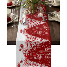 Camino de mesa navideño de algodón y lino, diseño de árbol de Navidad rojo y copo de nieve, 33 x 91 cm, decoración para cenas navideñas.