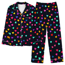Plus size dame-valentinsdagspyjamassæt, langærmet med knaplukning foran, dobbeltbørstet flannel, blød polyester-spandex, 2XL