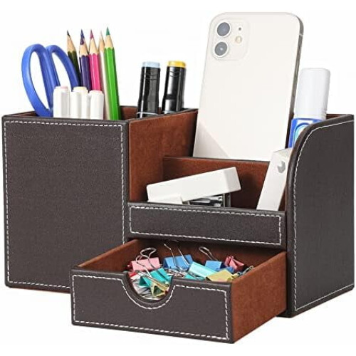 Organizador de mesa em couro PU com gaveta e 3 compartimentos.