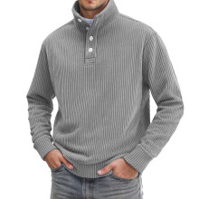 Sweat-shirt homme en velours côtelé à manches longues, couleur unie, style décontracté avec boutons, automne-hiver