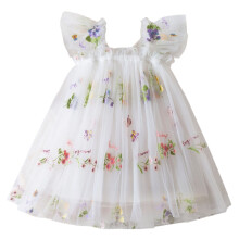 Sommerkleid mit Rüschen für Mädchen (4-5 Jahre), ärmellos, bestickt mit Blumenmuster und Flügelbinde – Freizeit-, Strand- und Partykleidung