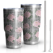 Gobelet isotherme Pioneer Flower de 887 ml (30 oz), motif floral, double paroi, couvercle étanche sans BPA et pailles réutilisables, garde le chaud