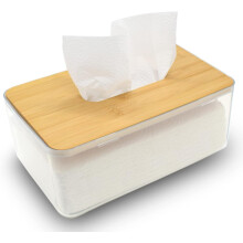 Tissuehouder en dispenser voor wasverzachterdoekjes met bamboe deksel – Transparante, moderne minimalistische organizer voor woonkamer, badkamer en
