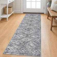 Tapis de cuisine bohème 60 x 180 cm, lavable, antidérapant, à poils courts, gris – Convient pour les couloirs, l'entrée, la chambre et le salon