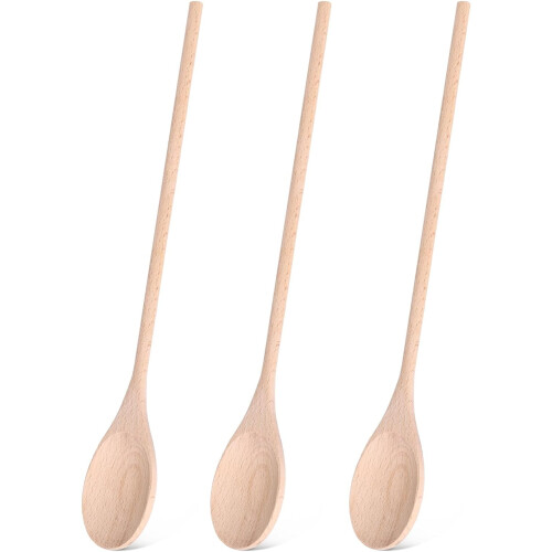 Conjunto de 3 colheres de madeira de 30 cm (12 polegadas), colheres ovais de cabo longo para cozinhar, misturar e degustar.