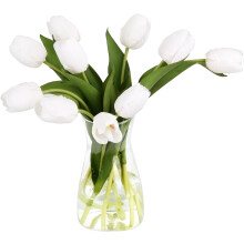 10 tulipani artificiali in seta in vaso di vetro – Composizione floreale artificiale per la decorazione di casa, ufficio e tavolo da pranzo