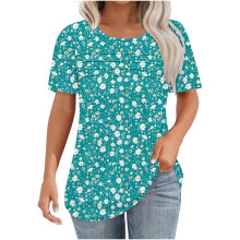 Top a tunica casual da donna a maniche corte con scollo rotondo, maglietta estiva dalla vestibilità ampia e fantasia floreale.