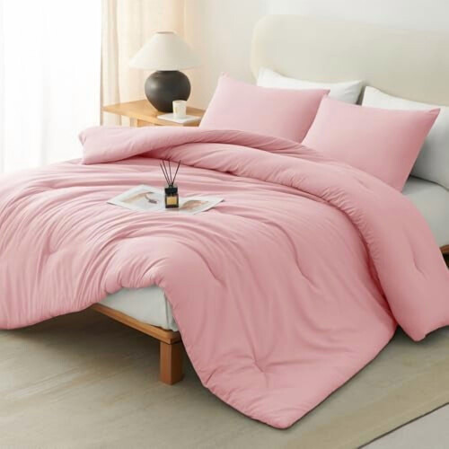 Pink full size comforter set breathable down alternative