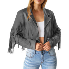 Vestes en daim Ă franges pour femmes, style motard, courtes, grises, taille M.