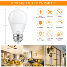 Ampoule LED JINYUN A15 à intensité variable, équivalent 75 W, blanc chaud 3000 K, 800 lm, 8,5 W, durée de vie de plus de 25 000 heures, lot de 8