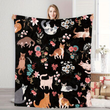 Whimsical Cat & Floral Flannel Throw Blanket – Ultra-Soft, Warm, Cozy for Couch/Bed, Vibrant Home Decor Accent, Red
