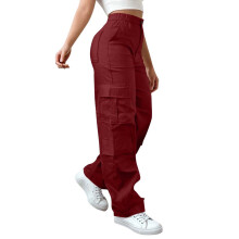 Calça cargo feminina casual com cintura elástica, botões e bolsos, ideal para caminhadas, trilhas e uso ao ar livre. Confortável para trabalho,