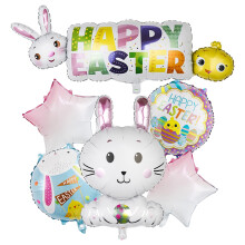 Lot de 7 ballons de Pâques en mylar (lapin, poule, œuf) blancs, verts, jaunes et violets – Décoration festive sur le thème de Pâques