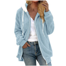 Damen-Wintermantel aus flauschigem Fleece in Übergröße, Kapuzenpullover mit Reißverschluss, Hellblau, Leichtgewicht – Geeignet für kaltes