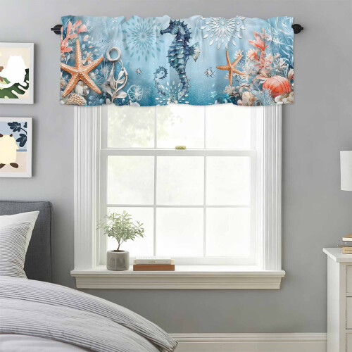 Cortina de varão com estampa de conchas de cavalo-marinho e estrela-do-mar (42x18 polegadas), com bolso para varão, compatível com decoração