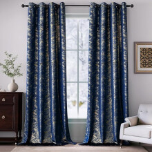 Navy Blue Velvet Curtains 84 inch 2 Panels Gold Foil