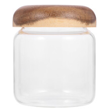 Tarro de cristal sellado Homoyoyo con tapa de madera marrón claro para almacenamiento en la cocina y organización del hogar.