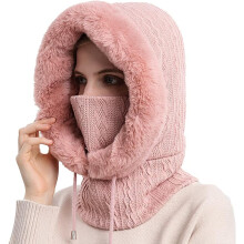 Dam Heltäckande Fleece Mössa med Halsduk, Mask, Dragsko, Vintervarm Balaklava, Pullover Keps för Utomhusaktiviteter, Rosa