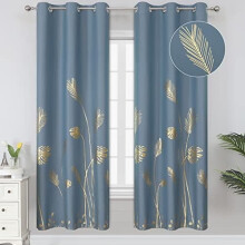 Stone Blue Blackout Curtains Gold Palm Tree Grommet 38Wx72L