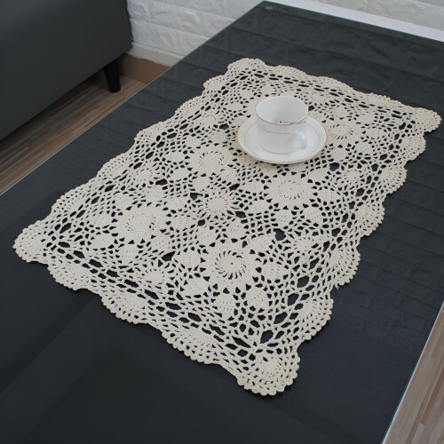 AUQ Handmade Crochet,Tablecloth Cotton Lace Rectangular Table Placemat Sofa Doilies15.75x23.62" Beige