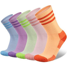Meias esportivas femininas de cano médio, 5 pares, para atividades ao ar livre, com amortecimento e tecnologia de absorção de umidade.