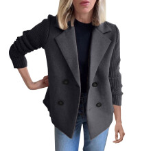 Cardigan Blazer Women, Women's Lapel Knitted Patchwork Sleeve Casual Coat Cropped Double Breasted Suit Sweater Blazers for Women Black L