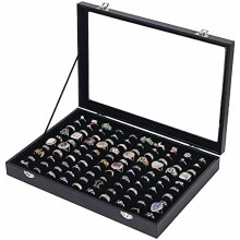 Ringhållare, smyckesdisplay, förvaringsbricka för örhängen och halsband med glaslock (svart, 100 platser)