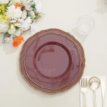 10 Pratos de Jantar Descartáveis Redondos de Plástico com Estampa de Rosa Canela de 9 Polegadas com Borda Dourada Ondulada para Festas e Eventos -