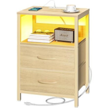 LED nightstand with charging station and fabric drawers