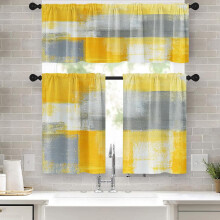 Orange & Grey Kitchen Curtains Set – 36" Rod Pocket Tier + Valance, Abstract Art Cafe Curtains
