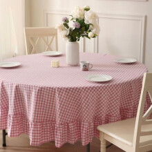 100% Cotton Pink/White Plaid Ruffled Round Tablecloth, Dia.70 in, Farmhouse Vintage Decor
