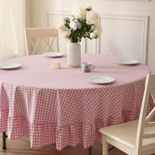 100% Cotton Red and White Gingham Ruffled Round Tablecloth