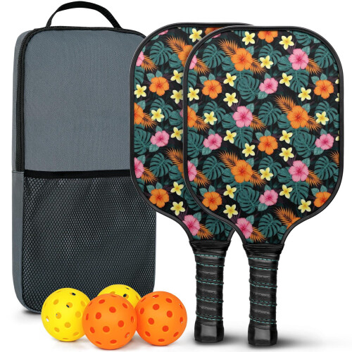 Σετ κουπιών Pickleball από fiberglass με λουλούδια και 2 μπάλες και τσάντα – Συμβατό με