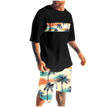 Men's Shorts Sets 2 Piece Outfits Round Neck Printing Sports Slim Elastic Waistband Short Sleeve Round-Neck Blouses