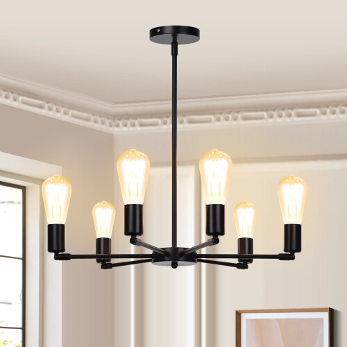 Lustre preto fosco com 6 lâmpadas e braços giratórios.