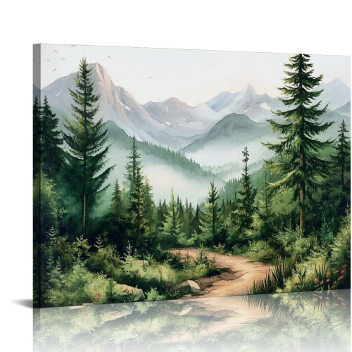 Impressão artística em tela de montanha e floresta verde, 40x50cm (16x20 polegadas)