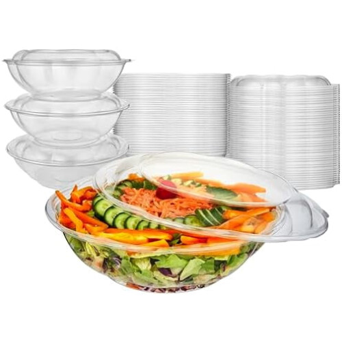 32oz Clear Plastic Salad Bowls with Lids (50 Pack)