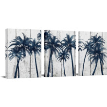 Conjunto de 3 peças de quadros em tela com palmeiras, estilo rústico tropical azul-marinho.