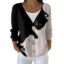 Cardigã feminino de tricô com mangas compridas e estampa de gato, tamanho 3XL