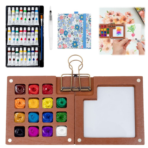 Mini conjunto de aquarela com 24 cores e paleta de 15 grades.