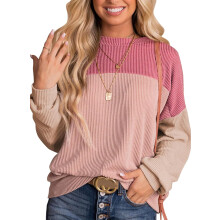 Damenmode 2023: Farbblock-Strickpullover mit langen Ärmeln und Rundhalsausschnitt