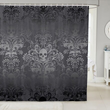 Musta damaskikuvioinen kylpyhuoneverho 183 cm x 204 cm, viktoriaaninen barokkityylinen kukka-aiheinen, goottilainen pääkallo- ja luurankoaiheinen