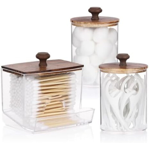 Transparenter Wattestäbchenhalter aus Kunststoff – 355 ml, 2er-Pack mit Bambusdeckel