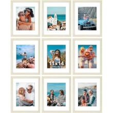 Set van 9 fotolijstjes (8x10 inch), gemaakt van composiethout met plexiglas.
