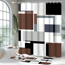 Ensemble de salle de bain géométrique marron : rideau de douche, tapis et moquette